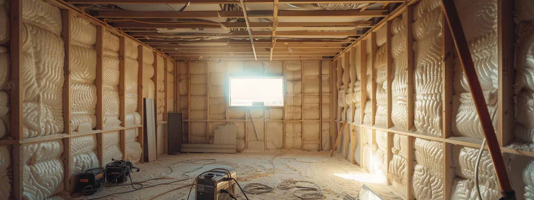 a meticulously organised interior of a residential property in perth, showcasing a professional team expertly applying spray foam insulation to the walls while safety gear glints under bright overhead lights.