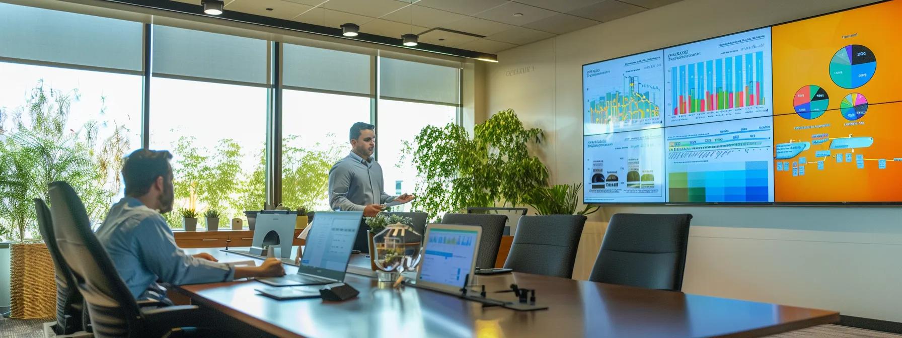 a modern office environment showcases a professional discussing the benefits and costs of spray foam insulation, with visual aids like charts and samples prominently displayed on the sleek conference table.