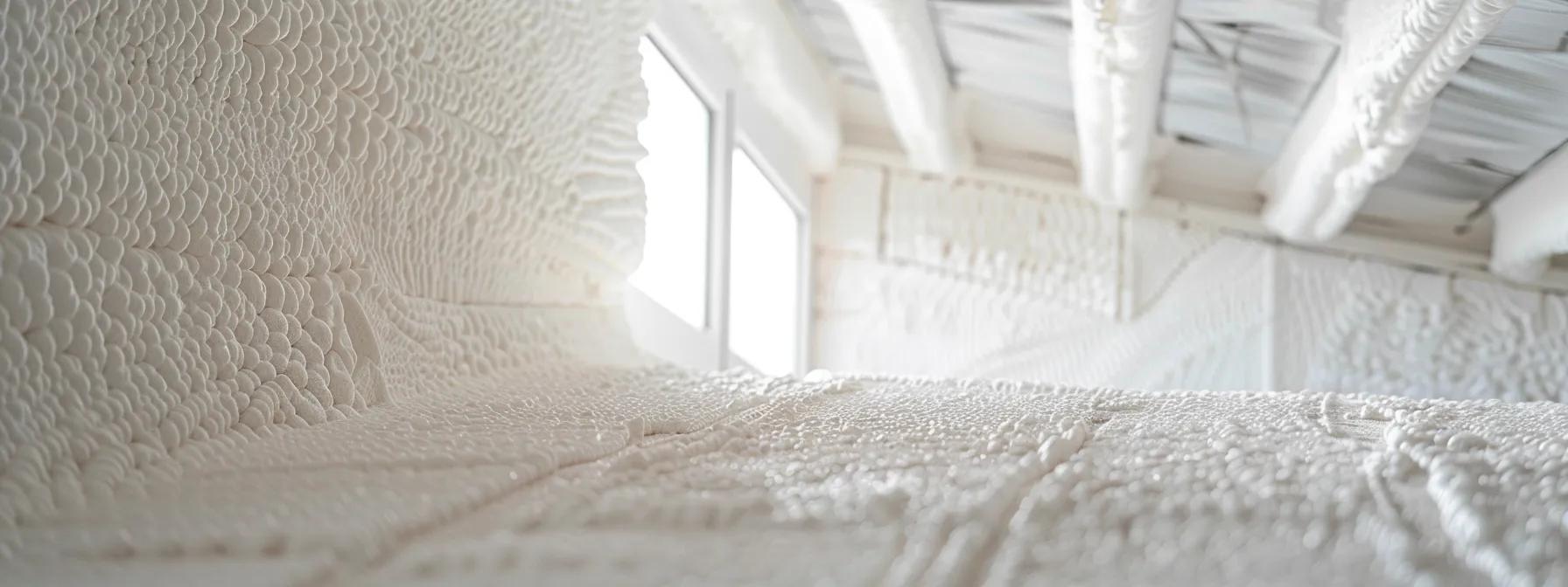 a modern perth home interior showcases freshly applied spray foam insulation, highlighting its sleek, white, expansive structure that envelops walls and ceilings, illustrating the technology's capability to create an airtight seal against the harsh climate.