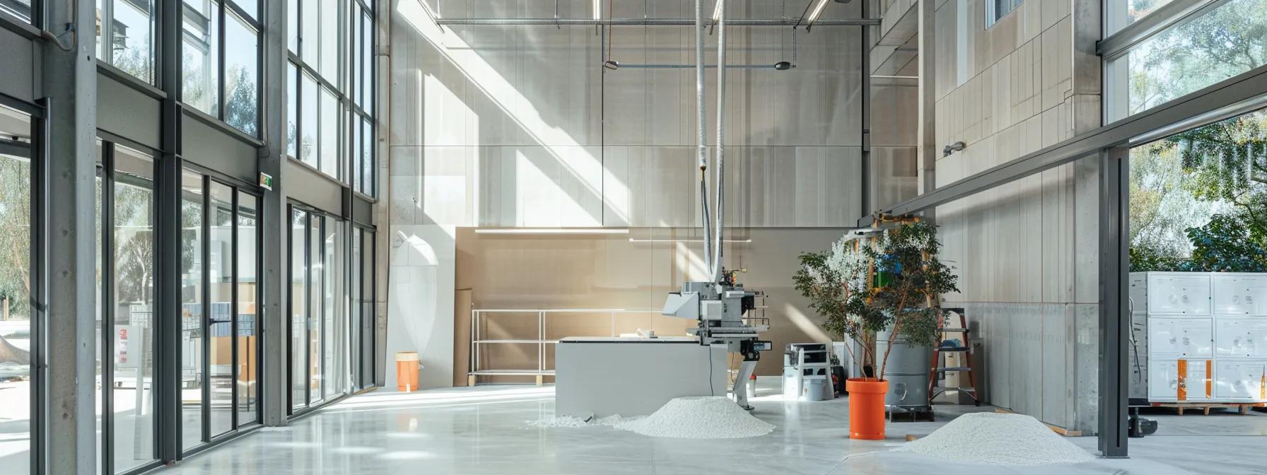 a modern western australian office setting showcases eco-friendly spray foam insulation being applied to walls, with sleek machinery and clean lines highlighting the emphasis on sustainability and indoor air quality.