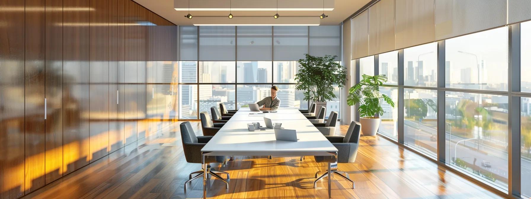 a sleek, modern office interior showcases a confident spray foam insulation expert reviewing energy-efficient materials, with samples of eco-friendly insulation prominently displayed on a polished conference table.