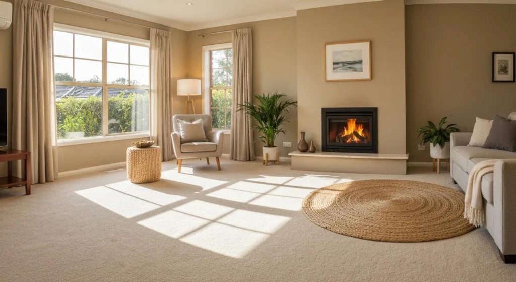 Cozy living room featuring natural light, a modern fireplace, stylish furniture, and a round jute rug, emphasizing comfort and energy efficiency in home design.