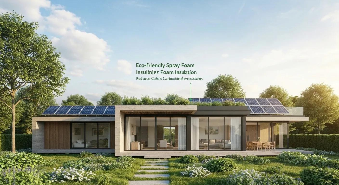 Eco-friendly spray foam insulation benefits illustrated with a sustainable home and green landscape