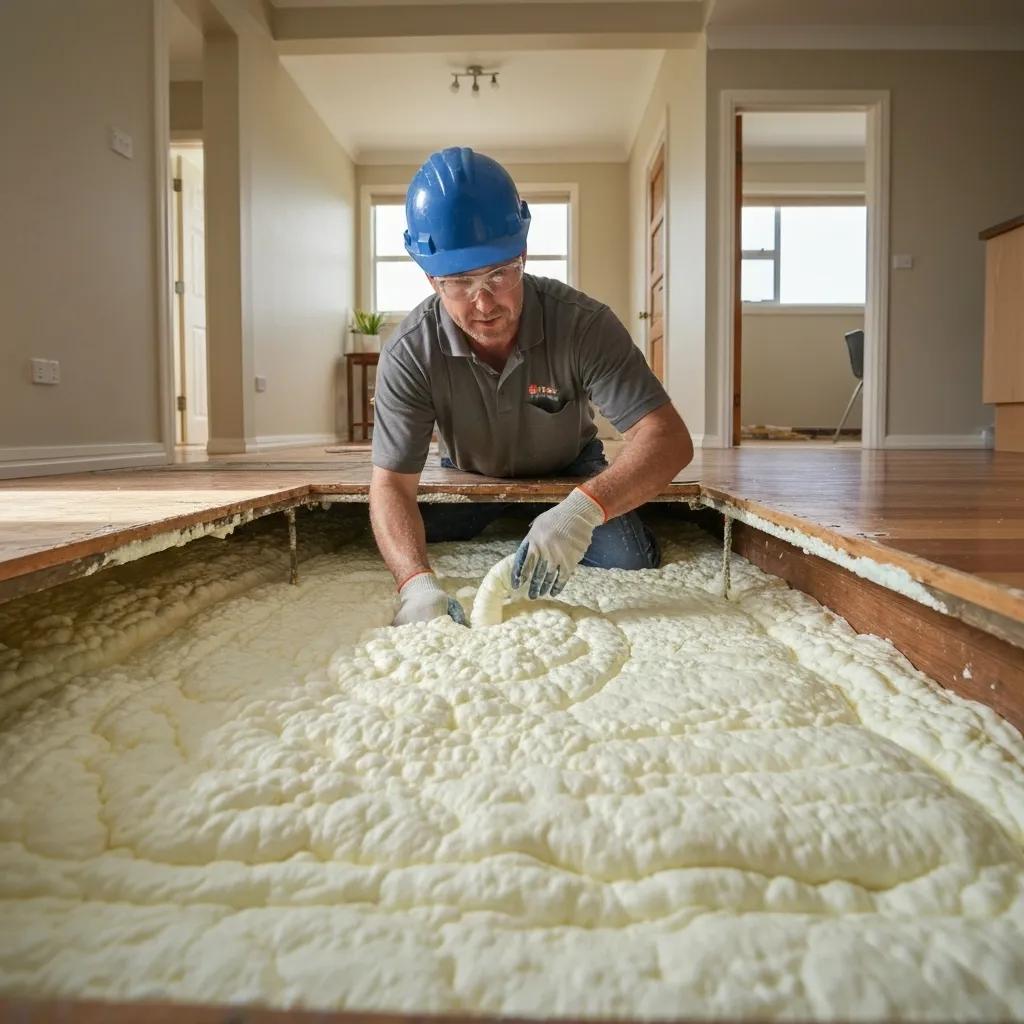 Professional applying spray foam insulation under a floor in a Perth home
