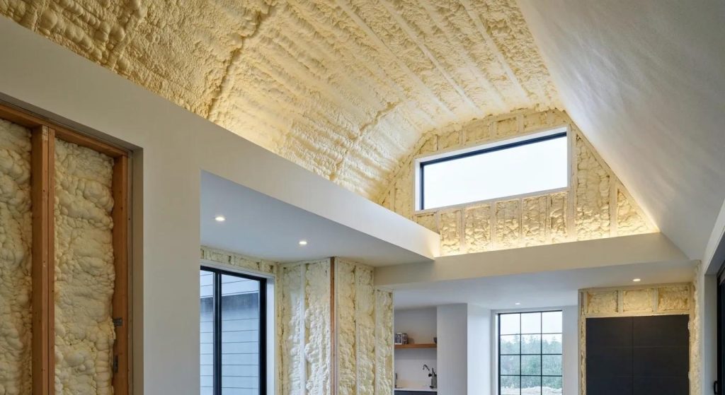 Interior view showcasing spray foam insulation on walls and ceiling, emphasizing energy efficiency and comfort in a modern home setting in Western Australia.