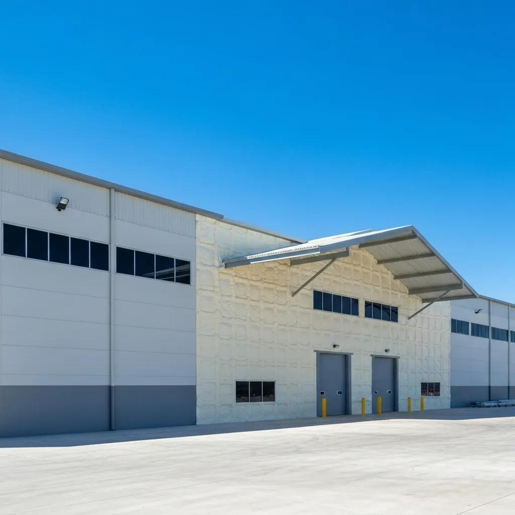 Warehouse exterior featuring spray foam insulation, showcasing energy-efficient construction, designed for enhanced comfort and reduced energy costs in Western Australia.