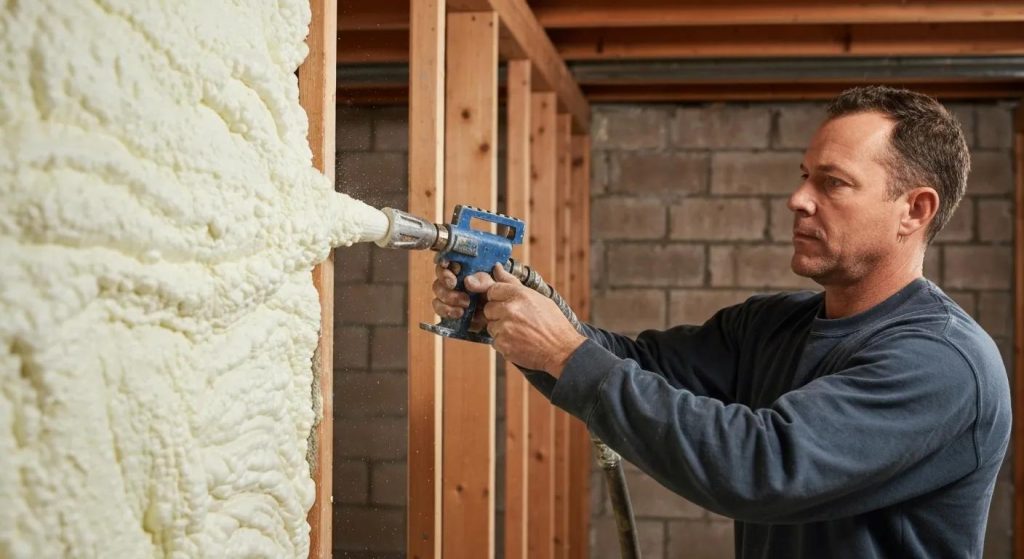 Man applying spray foam insulation to a wall in a construction setting, showcasing energy-efficient insulation solutions for enhanced comfort and soundproofing in Perth.