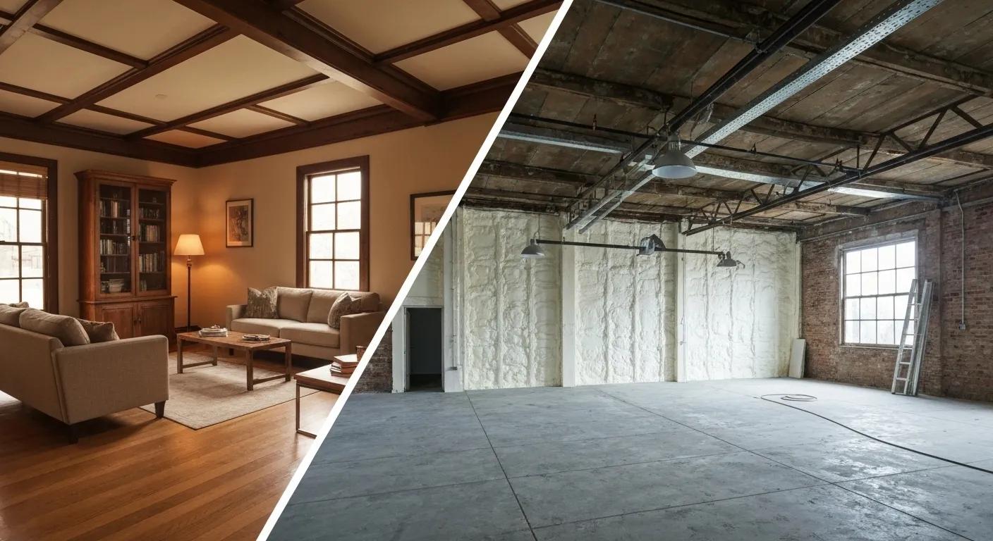 Split view of a cozy home and an industrial workspace showcasing the benefits of spray foam insulation