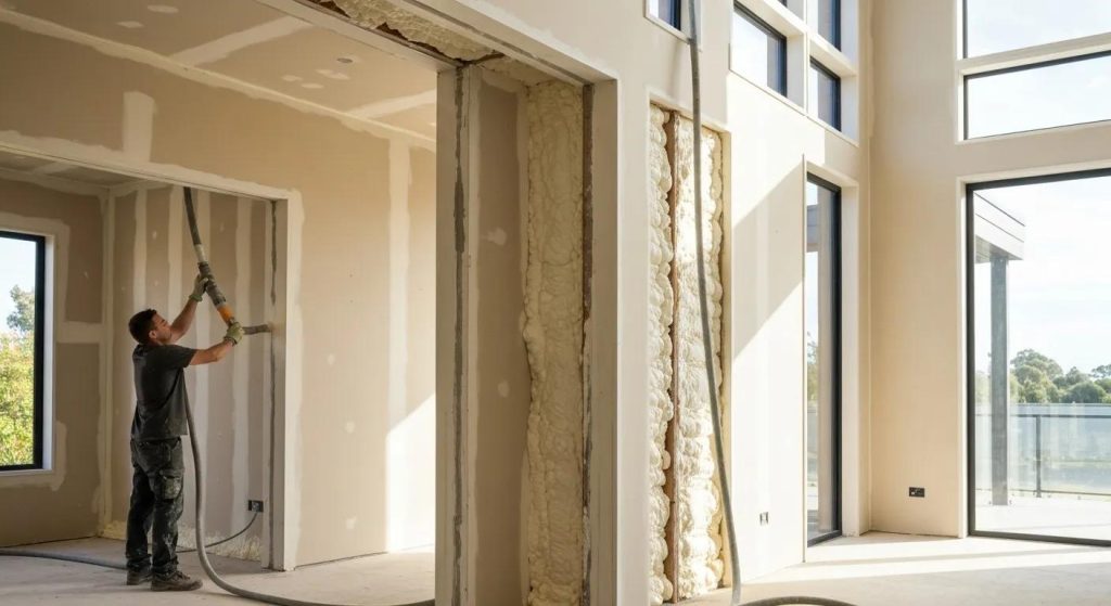 Man applying spray foam insulation in a modern interior space with large windows, highlighting energy efficiency and comfort in Perth homes.