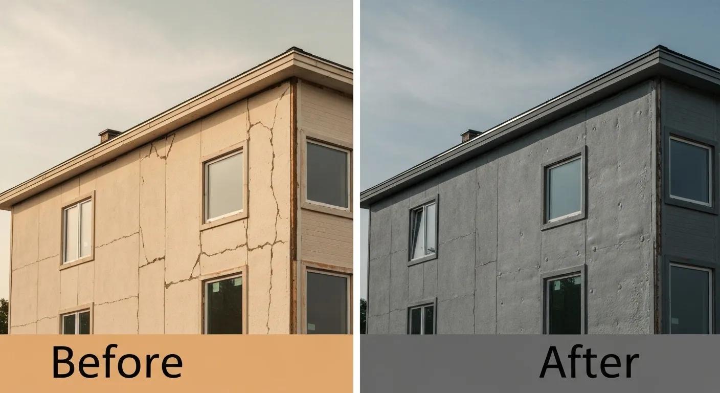 Visual comparison of a building before and after spray foam insulation installation, highlighting significant energy efficiency improvements