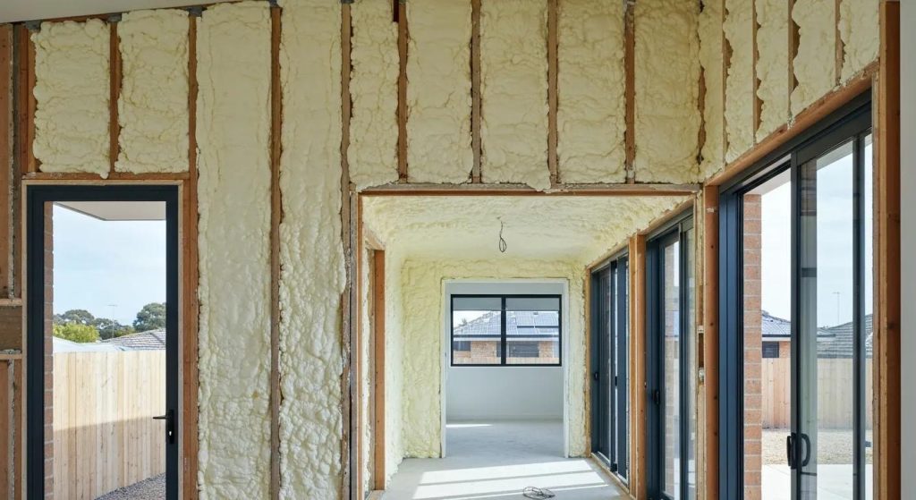 Interior view of a home with spray foam insulation applied to the walls, showcasing energy-efficient insulation solutions for enhancing comfort and sustainability in Perth homes.