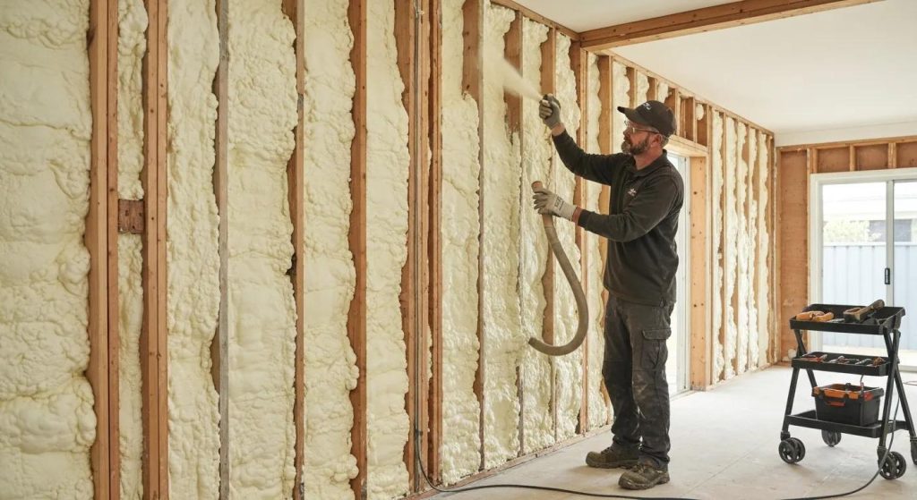 Man applying spray foam insulation to interior wall framing in a residential setting, showcasing energy-efficient insulation installation for improved comfort and sustainability in Perth homes.