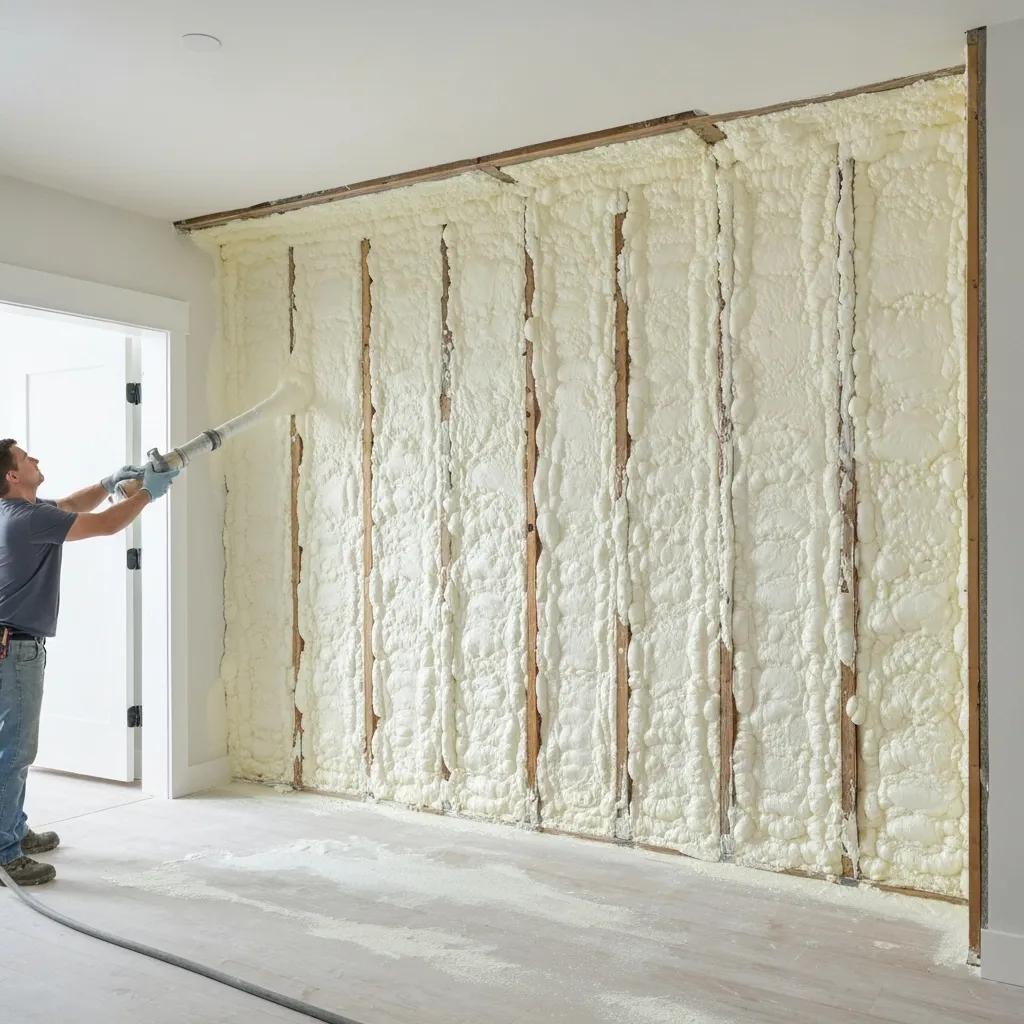 Close-up view of closed-cell spray foam insulation expertly applied within the wall cavities of a Perth home, demonstrating its dense structure, moisture resistance, and contribution to structural integrity