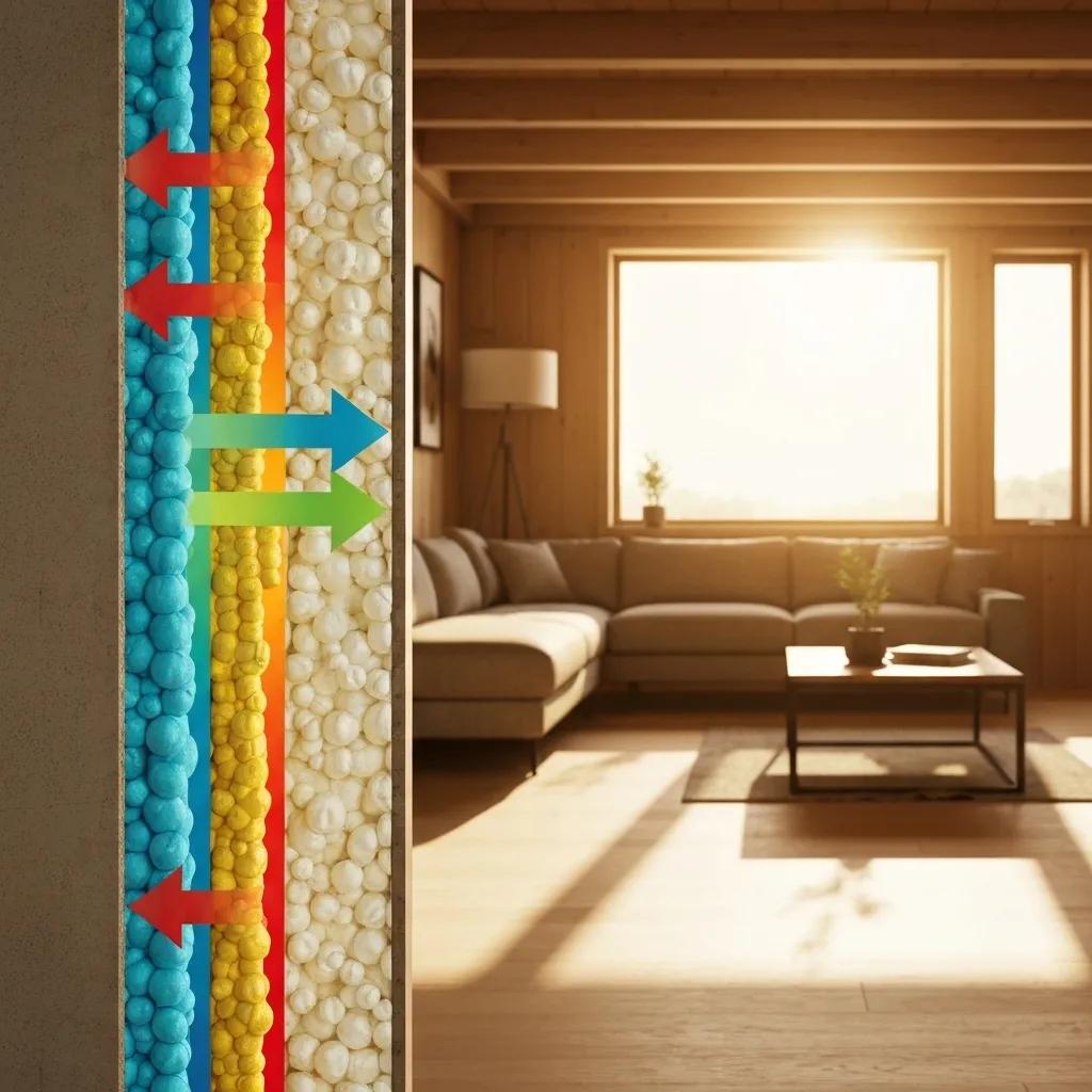 Cutaway view of a wall showing spray foam insulation, illustrating enhanced energy efficiency and thermal performance