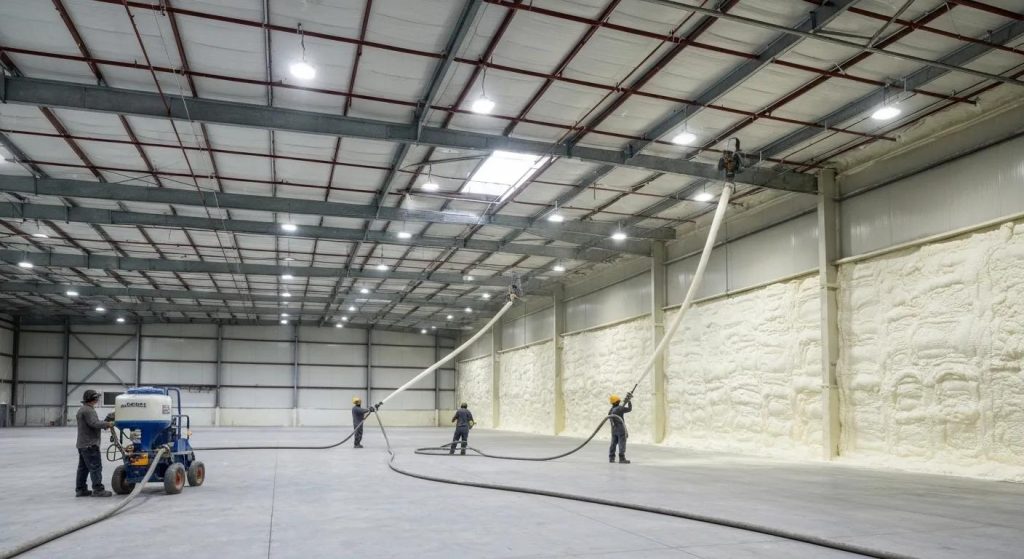 Industrial spray foam insulation being expertly applied within a large Western Australian warehouse, showcasing its role in boosting energy efficiency and controlling moisture