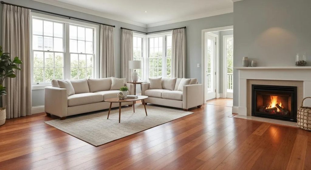 Elegant living room with comfortable sofas, a coffee table, and a fireplace, enhancing home comfort and energy efficiency in Perth.