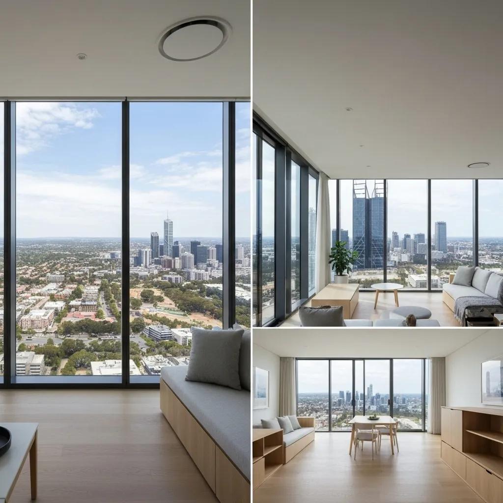 Modern Perth apartment interior with large windows showcasing city skyline views, emphasizing energy efficiency and comfort in home design.
