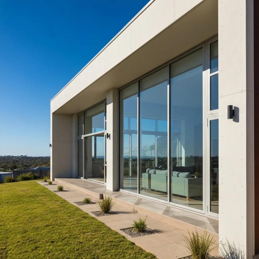Modern home exterior with large windows showcasing energy-efficient design and landscaped garden in Western Australia.