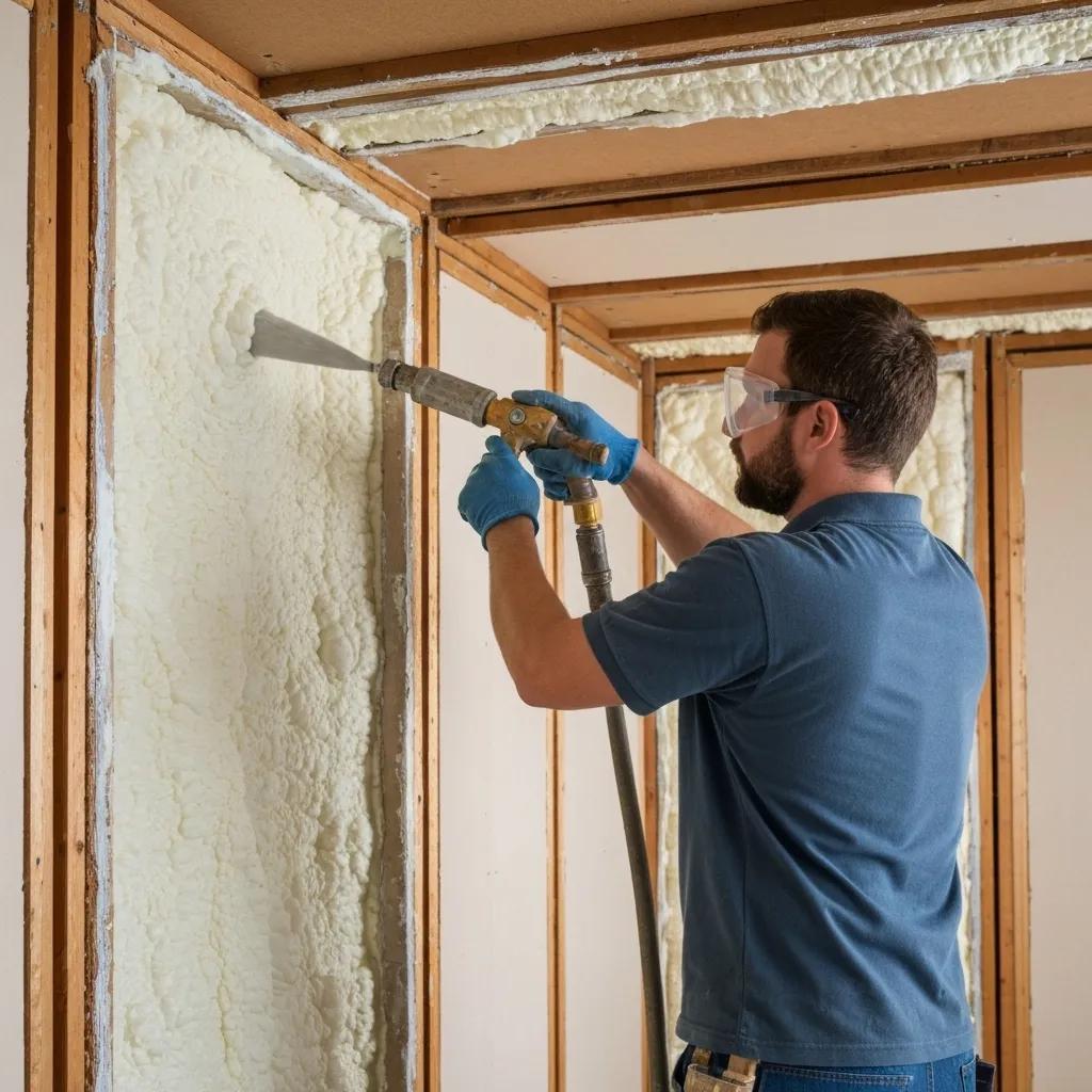 Technician applying spray foam insulation in a residential property